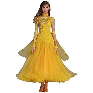 Kanten ballroomwedstrijdjurk Korte mouw wedstrijdmoderne jurk Waltz Foxtrot Standaard ballroomdame Geborduurde jurk Waltz (Color : Yellow, Size : L)