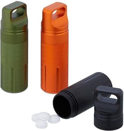 Relaxdays pillenkoker, set van 3, waterdichte capsule, reis pillendoosje, aluminium, H x Ø 9,5 x 3 cm, geld, kleurmix