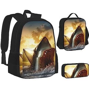 OHWODA Zeester Shell Blauw Hout op Strand Landschap Gedrukt Schoudertas Set, Lichtgewicht Duffel Bag Geïsoleerde Lunch Tas Etui, Bij schemering haai, Eén maat, Munten Pouch