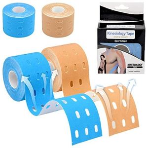 DAWRIS Kinesiotape, 2 stuks, 5 m x 5 cm, huidvriendelijk, kinesio tape, geperforeerd design, elastische zelfklevende kinesiologie tape voor spieropbouw, knieën, schouders en ellebogen, beige/blauw