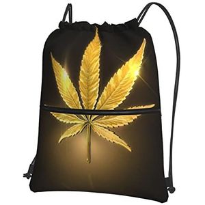 Zonnebloem En Amerikaanse Vlag Outdoor Leisure Rits Trekkoord Rugzak Vrouwen En Mannen Trekkoord Rugzak Sport Rugzak, Gouden Cannabis, One Size