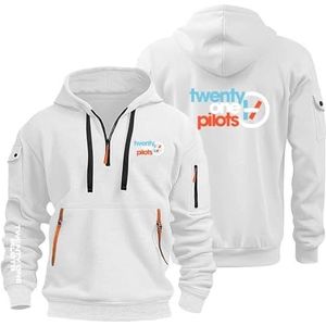 AHYAOFA Comfortabel sweatshirt met capuchon voor heren, 21 P.i.Lot.s, sportsweatshirt, lange mouwen, capuchon, halve ritssluiting, wit (White-2), 38-40 Alto