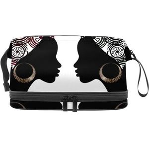 Twee Afrikaanse zwarte vrouwen met tribal hoofdwikkel dubbellaagse make-uptas voor dames en meisjes, reistoilettas make-up handige tas organizer tas met borstelvak, Meerkleurig, 27x15x14