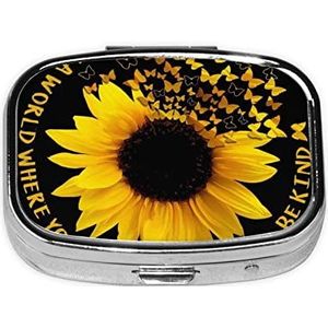 Mini vierkante pillendoos, medicijnorganizer, vlinder en zonnebloem, draagbare EHBO-doos, reispillendoos met 2 vakken, kleine pillendoos voor zak of portemonnee