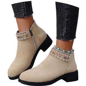 Herfst Enkellaarsjes Retro Etnische Stijl Korte Laarzen for Dames Chelsea Enkellaarsjes Met Hak Suède Laarsjes Met Rits Dames Enkelschoenen for Kantoor, Feest(41 EU)