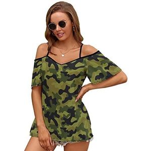 Camouflage Legergroene Vrouwen Blouse Koude Schouder Korte Mouw Jurk Tops T-shirts Casual T-shirt L