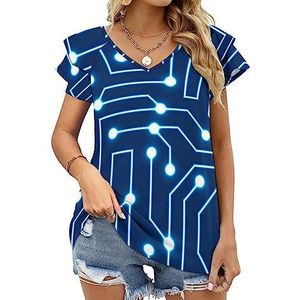 Blue Circuit Board Dames Casual Tuniek Tops Ruches Korte Mouw T-shirts V-hals Blouse Tee