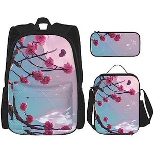 AvImYa Rugzak + etui + lunchtas combinatie schooltassen boekentas meisjes jongens kinderen studenten lichtgewicht duurzame kleine roze bloemen, Zwart, Eén maat