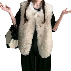 Mouwloos Imitatiebonten Vest for Dames, Open Pluche Gilet, Gebreide Winterjas(White,S)