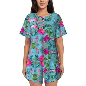 Hello Hawaii Print Dames Zomer Zachte Tweedelige Bijpassende Outfits Korte Mouw Pyjama Lounge Pyjama Sets, Zwart, XXL