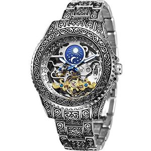 BOLYTE Automatische Mechanische Skelet Horloge Voor Mannen Gegraveerde Vintage Casual Stalen Band Horloge Lichtgevende Handen, Zilver, armband