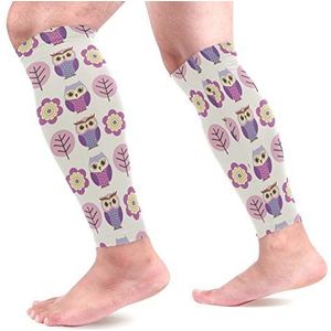 EZIOLY Uilen en bloemen sport kalf compressie mouwen been compressie sokken kuitbeschermer voor hardlopen, fietsen, moederschap, reizen, verpleegkundigen