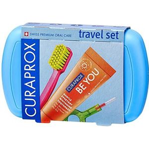 Curaprox Kids Travel Set – Tandenborstel, tandpasta en interdentale ragers | Ultrazachte Curen® filamenten | Compacte reisset voor kinderen (blauw)