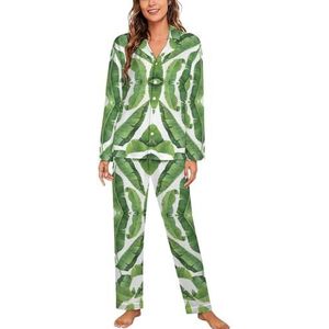 Aquarel Banaan Bladeren Vrouwen Lange Mouw Button Down Nachtkleding Zachte Nachtkleding Lounge Pyjama Set S