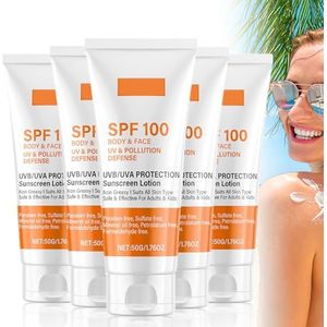 Sunscreen Spf 100, Lichaam en Gezicht Zonnebrandcrème, Inclusief UVB/UVA Zonnebrand Lotion 50g, Niet vet, Geschikt voor Alle Huidtypes (5 stuk)