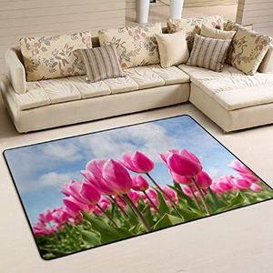 Gebied tapijten 100 x 150 cm, roze tulpen bloem welkomstmat wasbaar woonkamer tapijt zacht vloertapijt, voor slaapkamer, keuken