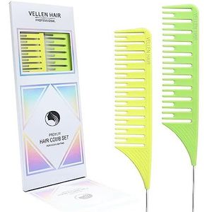 Vellen Hair Ultimate Highlight Comb Set - PEI-materiaal 221 °C, professionele balayagekammen met extra lange pijlstaart voor dikke highlights - 2 maten (groen/geel)
