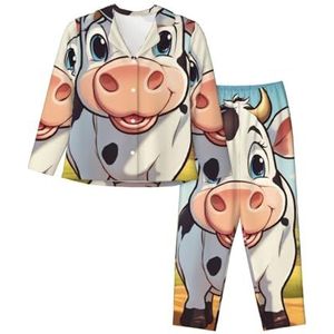 JEJEA Cartoon Melk Koe Print Comfortabele 2 Stuk Nachtkleding Lounge Set Pyjama Set Lange Mouw Nachtkleding Nachtkleding, Zwart, S