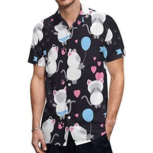 Witte Kitties Patroon Heren Korte Mouw Shirts Casual Button-down Tops T-shirts Hawaiiaanse Strand Tees 3XL