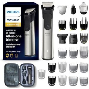 Philips MG9522/50 Norelco Multigroom 9000-serie, alles-in-één trimmer, baardtrimmer en tondeuse, 25-delig/27-lengte, voor baard, gezicht, neus, oor en lichaam, reisset