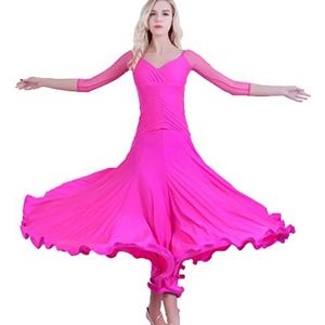 Yhsgscr Ballroom trainingsoutfit met V hals Flamenco grote swingrok Smooth Soft Foxtrot kostuums Feestjurk voor dames Moderne nationale standaard dansoutfit met lange mouwen,Roze,3XL