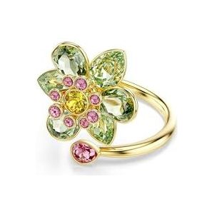 Swarovski Idyllia open ring, Verschillende slijpvormen, Bloem, Groen, Goudkleurige toplaag, 58