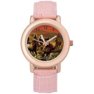 Sunset Running Horses Dames Horloge PU Strap Polshorloge Quartz Roze Valentijnsdag Gift