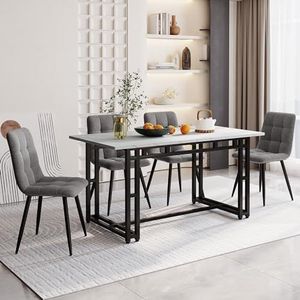 Aunvla 140 x 80 cm, zwart, eettafel met 4 stoelen, moderne keuken, eettafel, donkergrijze linnen eetkamerstoelen, zwarte ijzeren beentafel