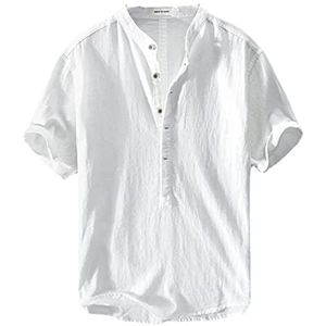 Nieuw Provence linnen katoenen overhemd voor heren, heren zomer casual lichtgewicht linnen shirt (L, wit)