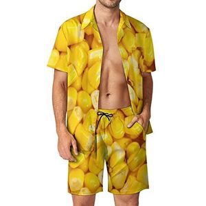 Gele maïskorrel textuur Hawaiiaanse bijpassende set voor heren, 2-delige outfits, overhemden en shorts met knopen voor strandvakantie