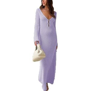 Dames gebreide jurk met lange mouwen, casual backless cocktailparty clubwear bodycon maxi lange jurk(Color:Purple,Size:Large)