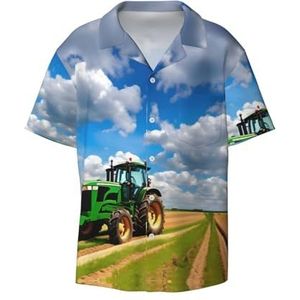 Tractor Under Blue Sky en White Clouds Print Heren Overhemden Atletisch Slim Fit Korte Mouw Casual Business Button Down Shirt, Zwart, M
