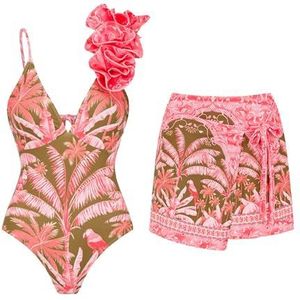 Badpak voor dames, met strandbedekkende wikkelrok, buikcontrole, badjurk voor dames, tweedelig badpak, roze, M