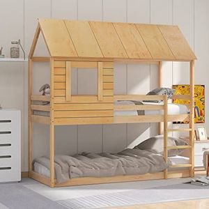 Idemon Kinderbed hout stapelbed 90 x 200 cm, kinderhuisbed met dak, ladder en lattenbodem (eikenkleur)