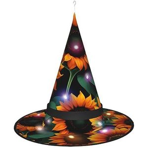 SSIMOO Oranje Zonnebloem Behang Dames Halloween Heksenhoed - Led Light-Up Cap - Ideaal voor feesten en rollenspellen