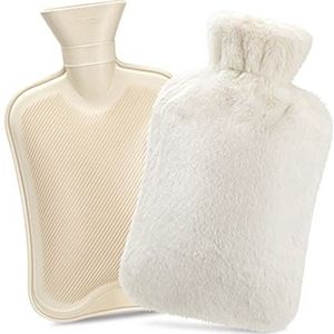 Warmwaterkruik met deksel, 2 l, premium natuurlijk rubber zakhoes, harige nepbont - pijnverlichting, geweldig cadeau, wit, 1 stuk