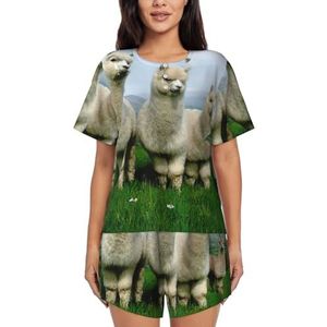 Alpaca Familie Print Dames Zomer Zachte Tweedelige Bijpassende Outfits Korte Mouw Pyjama Lounge Pyjama Sets, Zwart, XXL