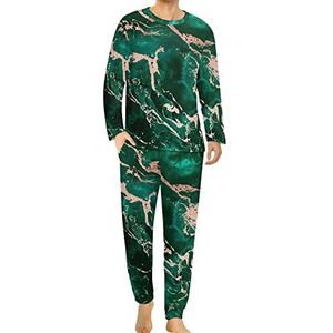 Groene smaragd rose goud marmeren textuur comfortabele heren pyjama set ronde hals lange mouw loungewear met zakken 2XL