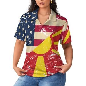 Amerikaanse en Macedonië retro vlag dames poloshirts met korte mouwen casual T-shirts met kraag golfshirts sport blouses tops L