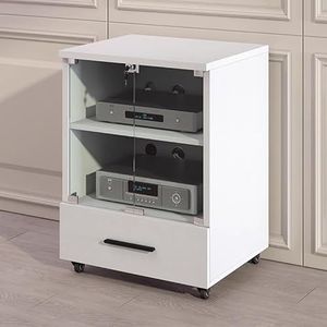 PP-Vic Stereokast Van Massief Hout Met Glazen Deur Mediastandaard Audiorek Met Wielen Opbergkast Voor Stereocomponenten AV-Kast Met Projector DVD-Speler Gameconsole Kabelbox,77cm white