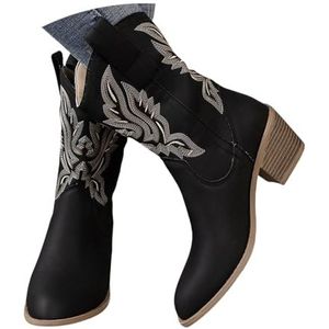 Klassieke western cowboylaarzen for dames, retro, halfhoge kuitlaarzen met borduursel, herfst-winter suède instappers, vrije tijd enkelschoenen met blokhak(Black,38 EU)