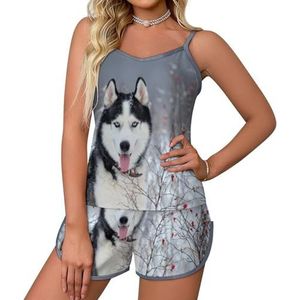 Siberische Husky Hond in Winter 2-delige pyjama voor dames, sexy tanktop en korte broek, nachtkleding PJ Lounge