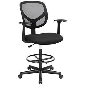 SONGMICS Bureaustoel, canvas stoel, ergonomische zitting, kruk, met in hoogte verstelbare voetensteun, 360° draaibaar, voor statafel, zwart OBN25BK