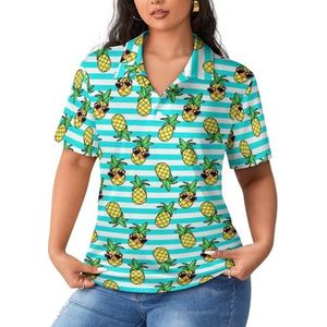 Tropic Cartoon Trendy Ananas Dames Sport Shirt Korte Mouw Tee Golf Shirts Tops Met Knoppen Workout Blouses