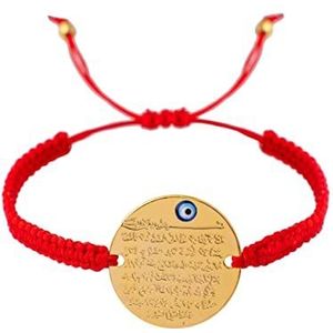 Remi Bijou - Rode macramé armband armband Ayetel Kürsi Islam Moslim Ayat Koran - gegraveerde plaat met gravure oog Nazar Boncuk, Messing, zonder steen