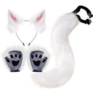 YXBOMG Witte kattenoren en staart set voor vrouwen meisje, wolfvos, lange staart nepbont, punk, beestenklauwen, cosplay-set, Halloween-feestjurk, cadeau