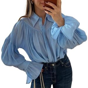 LoprNsdgt Dames Elegante Uitlopende Shirts Met Lange Mouwen Oversized Geplooide Losse Shirts Met Drop Shoulder,Blauw,XXL