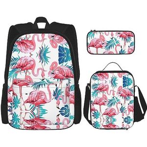 DEXNEL Grote capaciteit fantastische papegaai veer rugzak lunchtas etui combinatie 3-delige set, voor middelbare school, Flamingo Vogel Groen Plantenblad, Eén maat