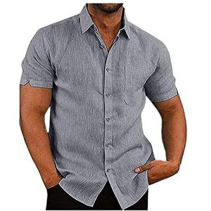 Herenoverhemden Korte mouw Zomeroverhemd Casual linnen overhemden Regular fit Vakantieoverhemd met zak(Gray,4XL)