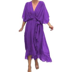 CupitiDU Stijlvolle en elegante maxi-jurk met V-hals, elegante vloeiende chiffon maxi-zomerjurk met korte mouwen voor dames, Paars, 5XL